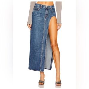 GRLFRND High-Slit Denim Maxi Skirt in Blue